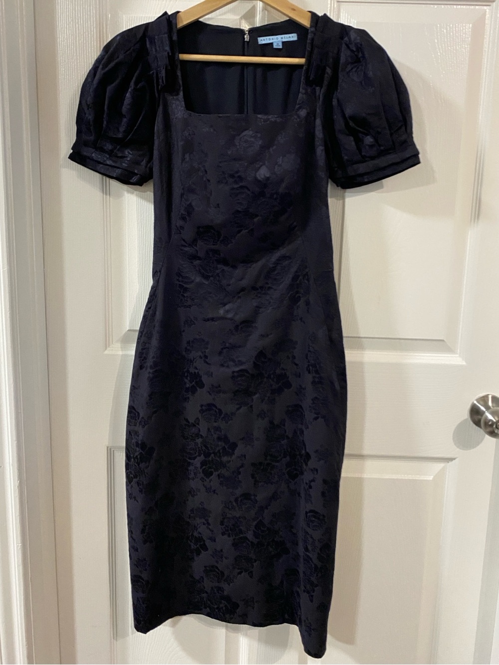 Antonio Melani Navy Blue Floral Jacquard Puff-Sleeve Midi Dress 0 90s Victorian